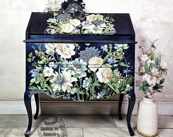 Secrétaire Cerulean Blooms, Bureau, Coiffeuse, Meubles de table en bois, Peint à la main, Recyclage, Meubles de bureau