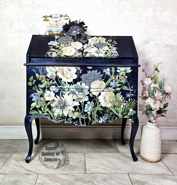 Cerulean Blooms Secretary Desk, Office Desk, Vanity Table, Wood Table Furniture, Handpainted, Upcycled, Office Furniture