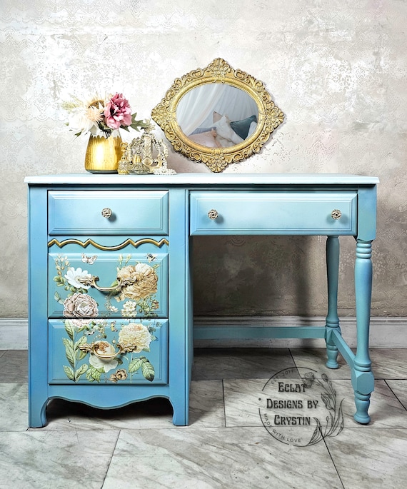 SOLD Blue Chinoiserie Desk, Office Desk, Vanity Table, Wood Table Furniture, Handpainted, Upcycled, Home Office Furniture
