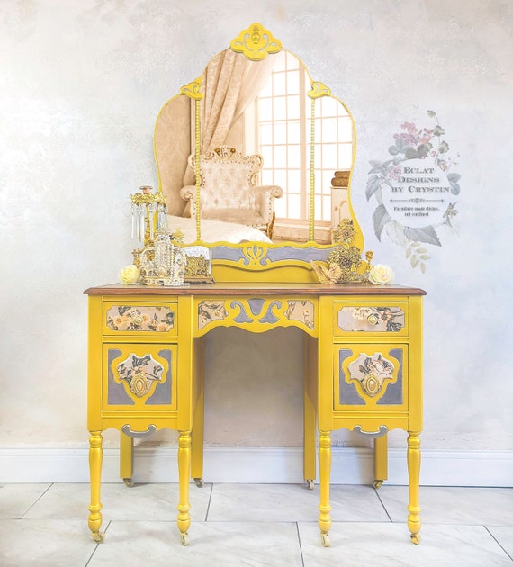 SOLD Gold Vanity Table |  Table Top Mirror | Makeup Vanity Mirror | Dressing Table | Painted Furniture | Bedroom Ideas | Boho Bedroom | Art