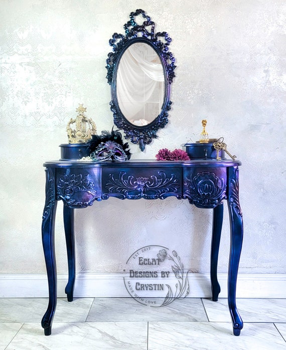 SOLD Carnival Glass Vanity Table with Mirror Foyer Table - Painted Boho Furniture - Custom Furniture - Handmade Table - Goth-Game of Thrones