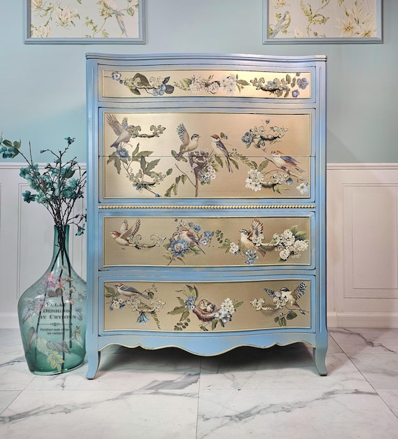Aviary Elegance Chest of Drawers | French Provincial Dresser | French Blue Dresser with Birds and Blossoms Design | 5 Drawers | Drexel
