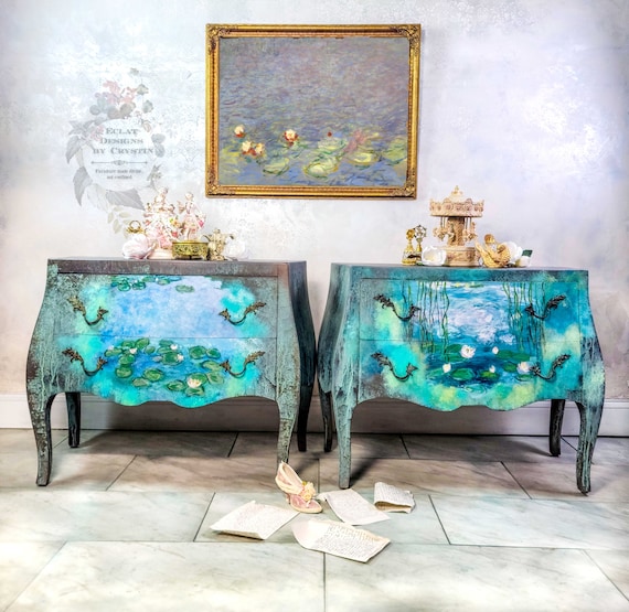 Custom Monet Water Lilies Nightstands – Handpainted French Antique Wood End Tables