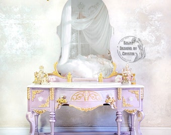 SOLD Dusky Pink Fairytale Rococo Vanity Table with Mirror Top, Bedroom, Hand painted, Dressing Table, Antique, Handmade