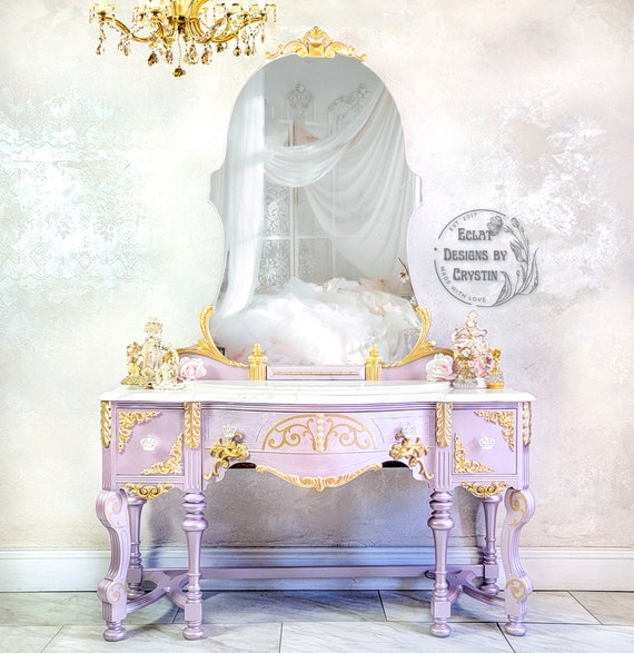 SOLD Dusky Pink Fairytale Rococo Vanity Table with Mirror Top, Bedroom, Hand painted, Dressing Table, Antique, Handmade