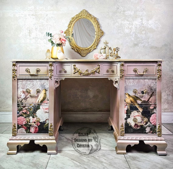 SOLD Romantic Desk, Office Desk, Vanity Table, Wood Table Furniture, Handpainted, Upcycled, Office Furniture