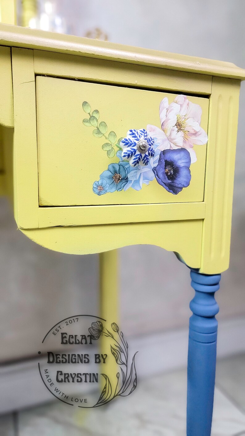 Yellow Vanity With Mirror, Makeup Table, Dressing Table, Hand Painted, Wood, Antique Table