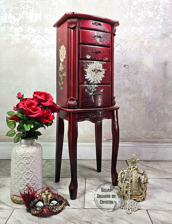 Red Romance Jewelry Armoire, Jewelry Organizer, Jewelry Holder, Handpainted, Jewelry Storage, Jewelry Stand, Case, Handmade, Drawers