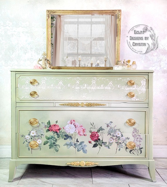 Custom Botanical Rose Garden Dresser, Hand-Painted French Country Chest Drawers