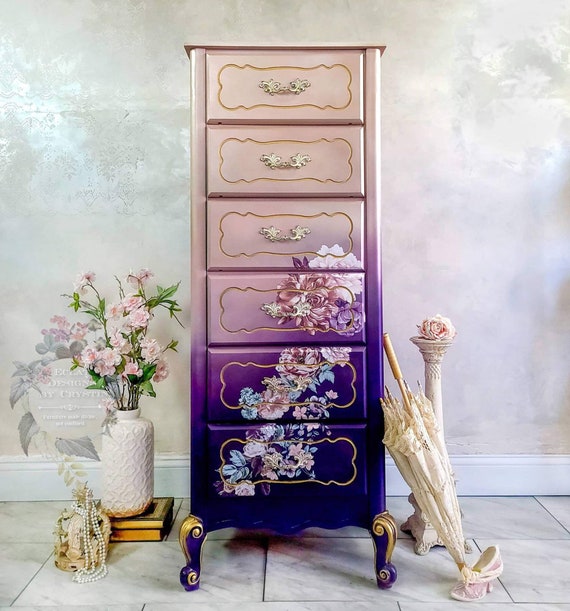 Custom French Provincial Lingerie Chest – Purple Ombre Floral Dresser