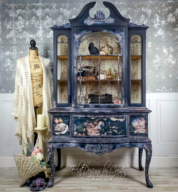 Custom Black Gothic Victorian China Cabinet/ Hutch with Pink Roses