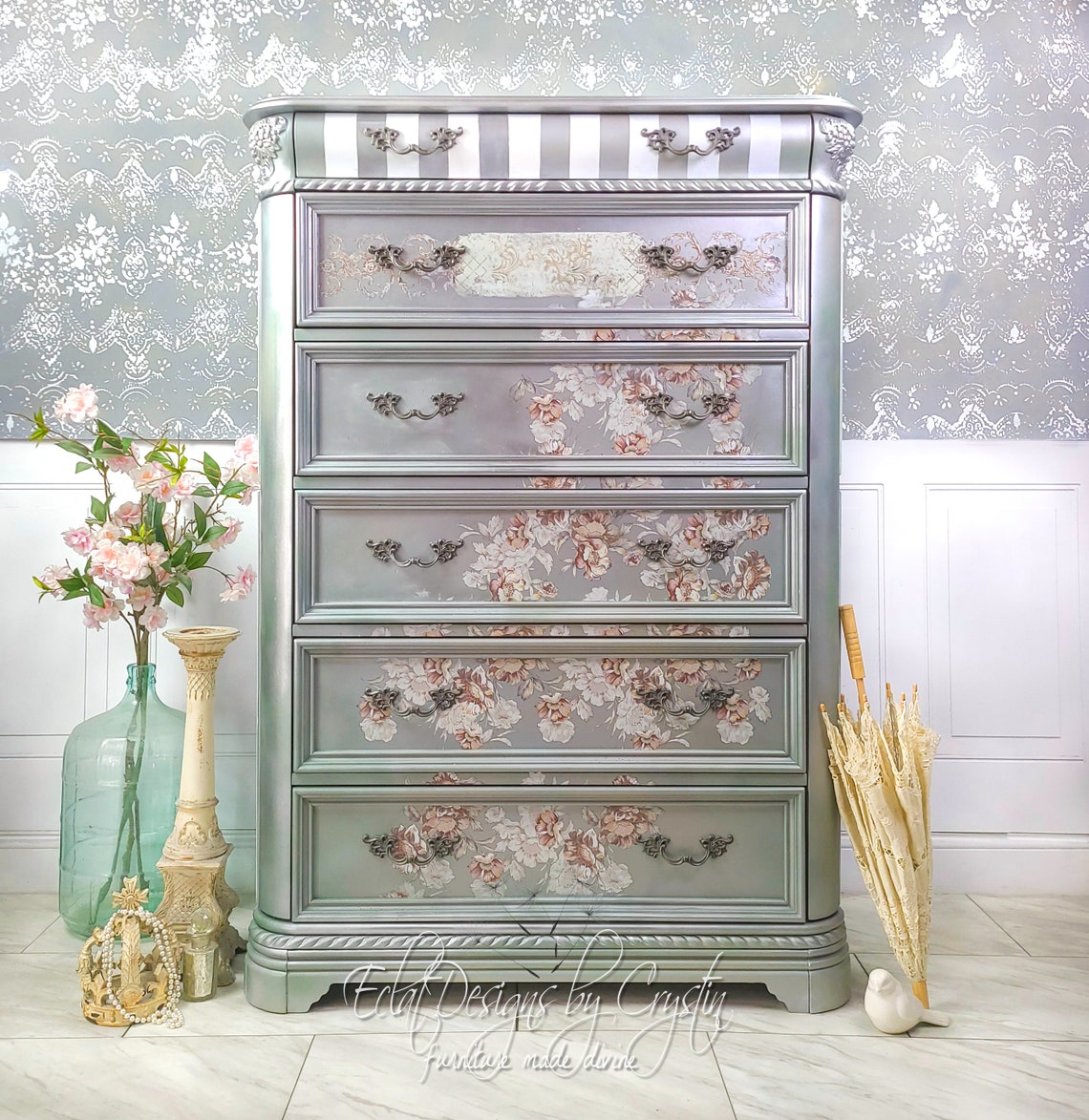 Silver Sea glass/ Dresser/ Chest of Drawers/ Jewelry Holder/ Etsy