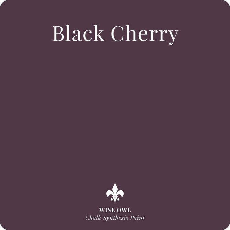 May include: A paint can label with the text "Black Cherry" and the Wise Owl Chalk Synthesis Paint logo. The background is a dark purple color.