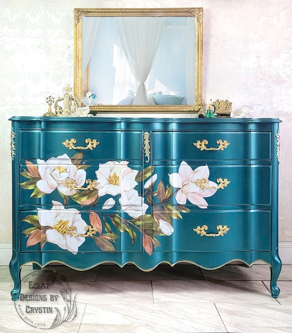 Custom Magnolia Teal French Provincial Dresser, Chest of Drawers, Antique Furniture, Bedroom Drawers, Wide Dresser, Handmade, Hand painted