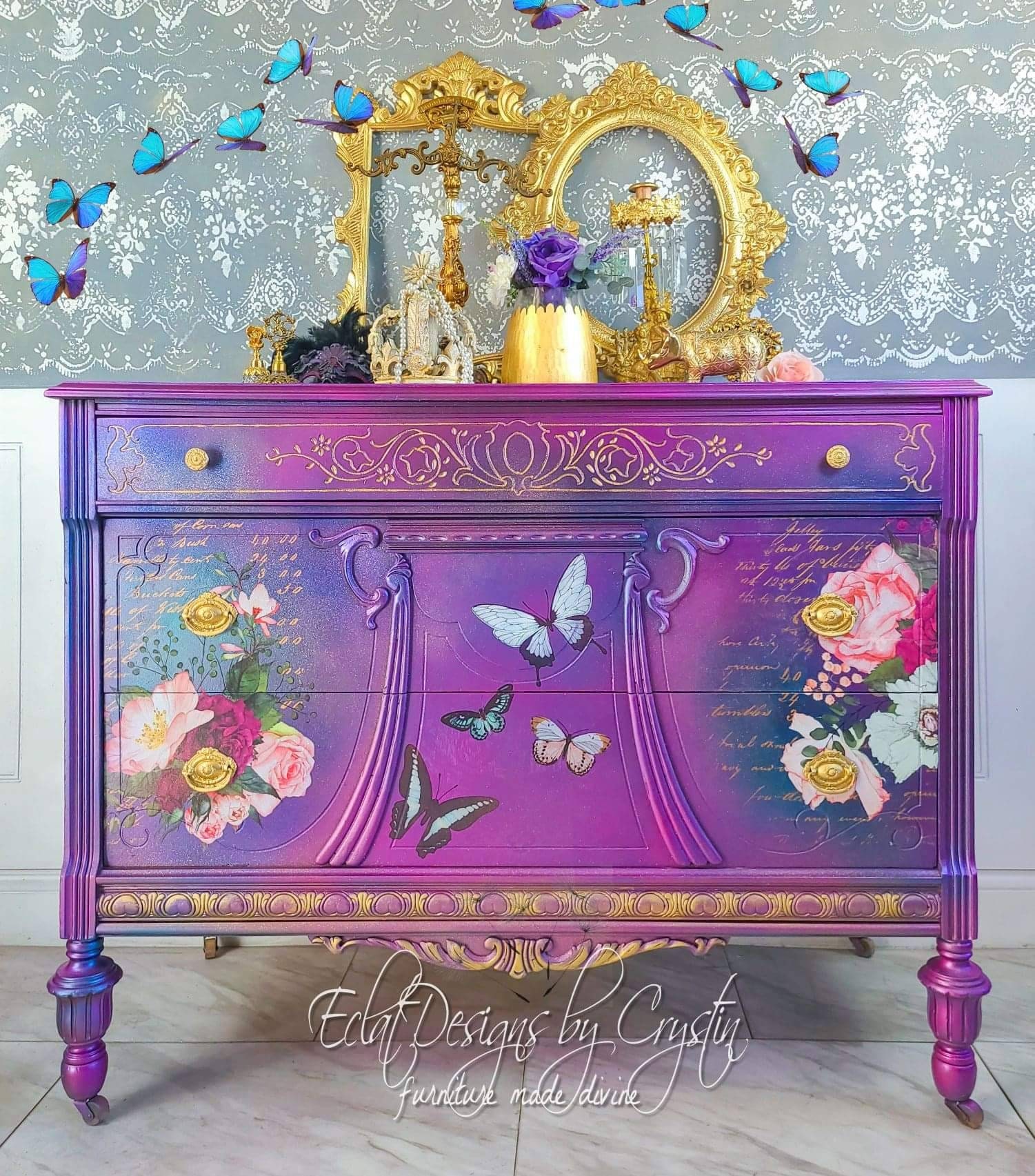 Hand Painted Custom Antique Chest of Drawers Eclectic Custom Furniture Boho Dresser with Mirror