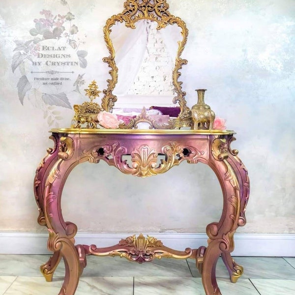 Hand-Carved Foyer Table - Bohemian Sunset Colors, Ornate Gold Mirror