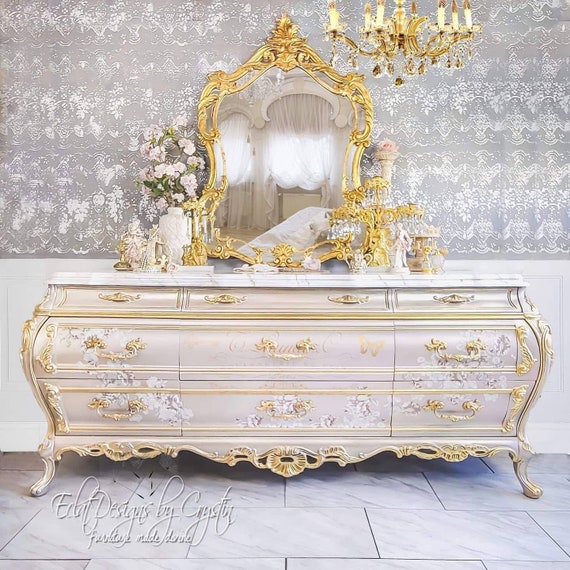 Custom Painted Dresser/ Pearly Pink, Bombay, Rococo Dresser/ Baroque/Luxury/ Fantasy/ French/ Parisian/ Refinished/ Glamorous/ Royal
