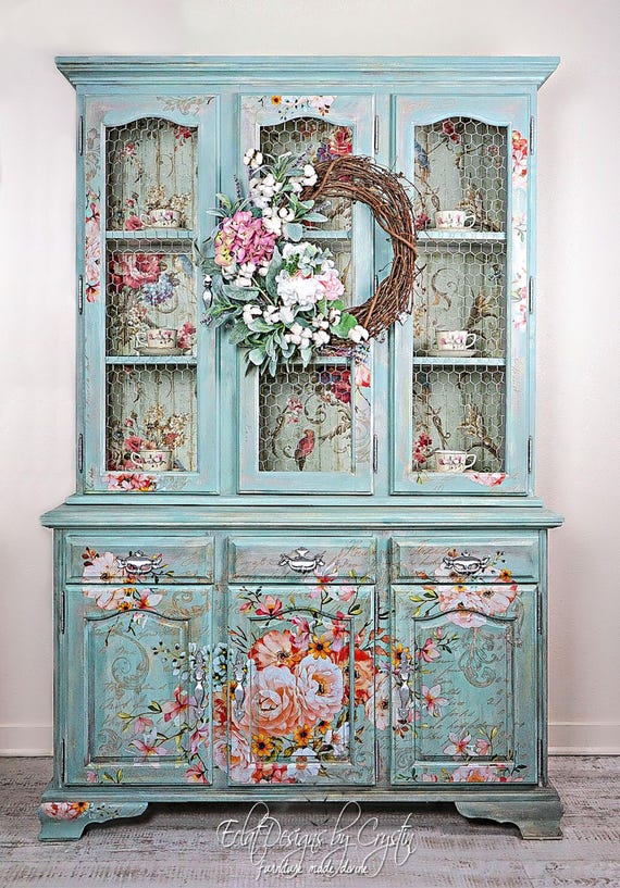 Hand-Painted Boho Wood Hutch, China Cabinet, Display Drinks Cabinet