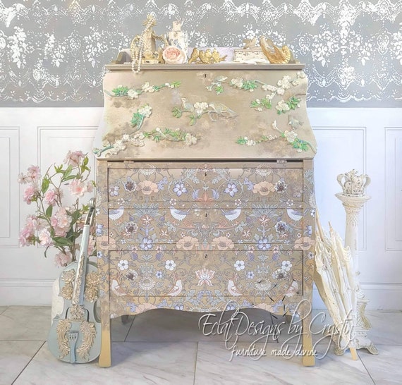 Custom Painted Secretary Desk: Art Nouveau Birds, Cherry Blossoms, William Morris Style
