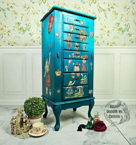 Blue Alice in Wonderland Handmade Jewelry Armoire - Cheshire Cat, Queen of Hearts, White Rabbit Themed Organizer