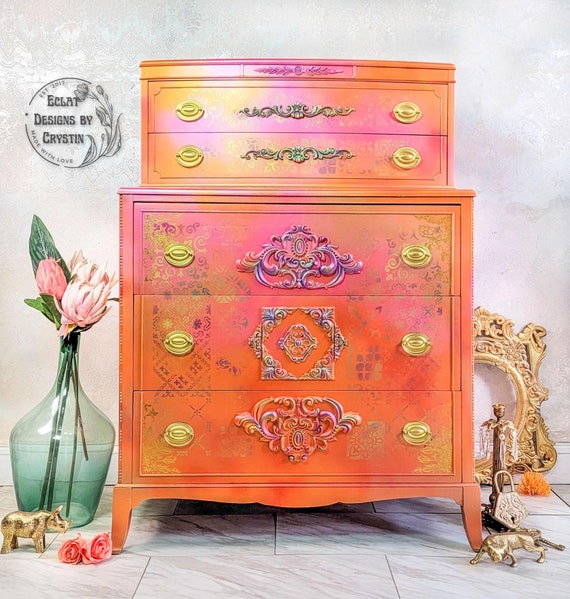 Custom Ordered Dresser, Chest of Drawers, Bureau Painted Furniture, Carnival Glass, Boho, Eclectic, Hand painted, Indian Furniture, Handmade