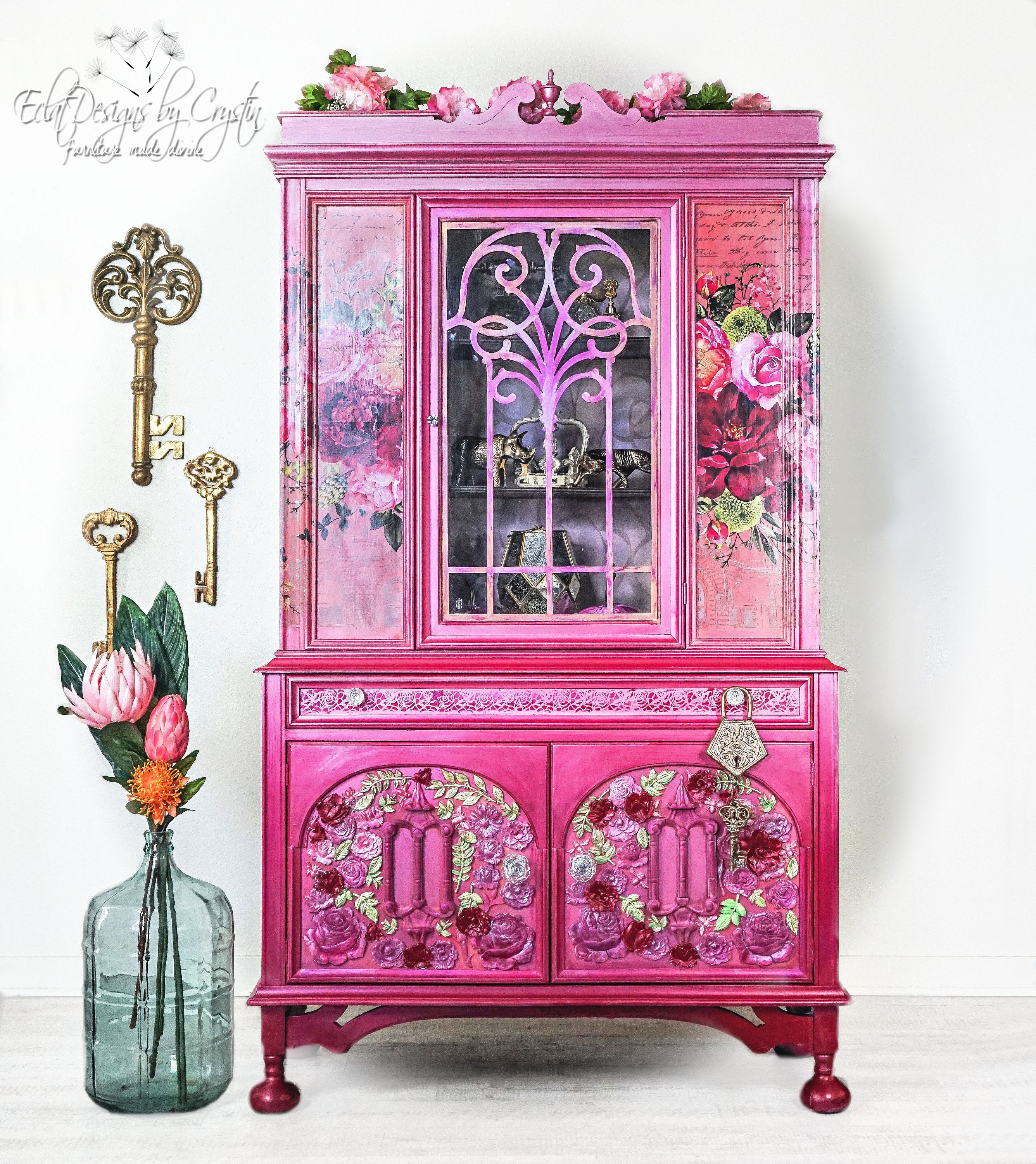 Pink Ombre China Cabinet Hutch Boho Maximalist FREE SHIPPING