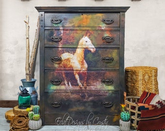 Painted Ranch Chest of Drawers, Horse Dresser, Wood Furniture, Hand painted, Distressed Dresser Upcycled, Handmade