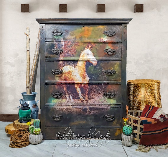 Painted Ranch Chest of Drawers, Horse Dresser, Wood Furniture, Hand painted, Distressed Dresser Upcycled, Handmade