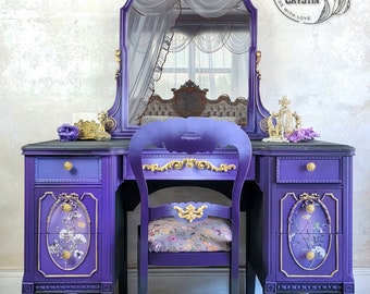 Purple Passion Bedroom Vanity Table, Mirror Top, Antique Table, Handpainted, Upcyled Furniture Custom Made, Vanity Chair, Handmade