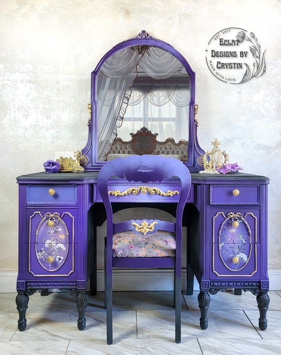 Purple Passion Bedroom Vanity Table, Mirror Top, Antique Table, Handpainted, Upcyled Furniture Custom Made, Vanity Chair, Handmade