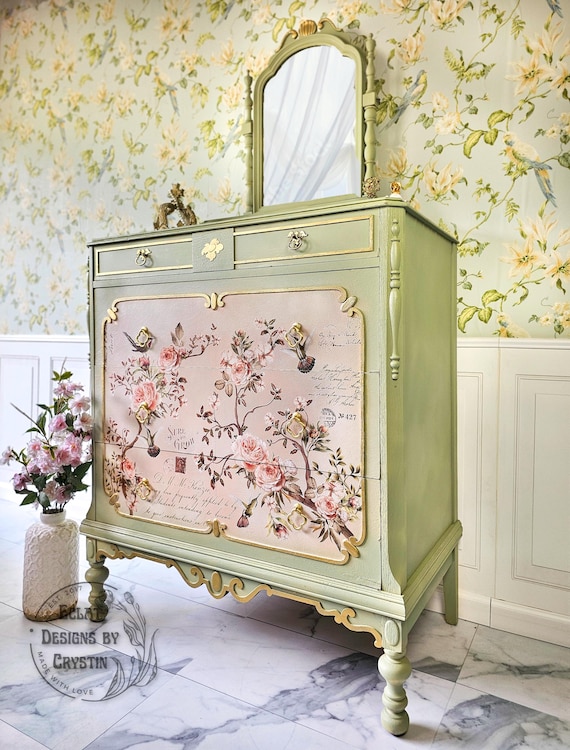 vintage sage green dresser Antique Birds and Blossoms with Attached Mirror xx03092026pm_nyd