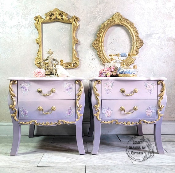 Spring Pair of Nightstands, Wood Bedside End Tables, Set of 2, Antique, Hand painted, Living room, Bedroom Furniture, Handmade