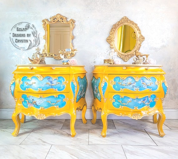 SOLD Bombe Bird Nightstands Handmade Wood Furniture Painted Side End Tables Antique Nightstands with Drawers Vintage Pair Set of 2