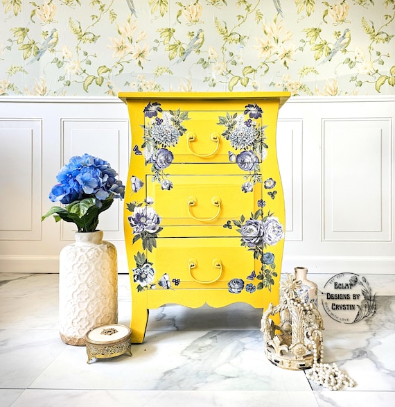 Handcrafted Indigo Petals Side Table with Vintage Yellow Chest and 3 Drawers