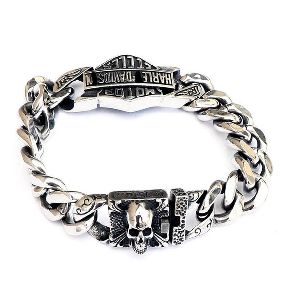 Bracelet tête de mort personnalisé, européen et américain, homme, acier inoxydable, fait main, tendance, moto, tête de mort, bracelet, plaqué argent