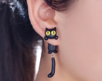 Handmade Vinyl Cartoon 3D Polymer Clay Cute Black Cat Stud Earrings For Women Girls Jewelry Trendy Earrings Valentines Day Gift For Her