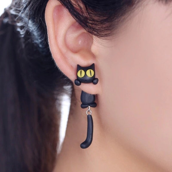 Boucles d'oreilles en vinyle faites à la main en argile polymère 3D avec chat noir mignon pour femmes et filles, bijoux tendance, cadeau de Saint-Valentin pour elle