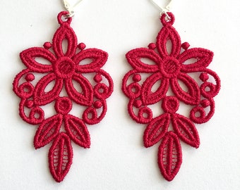 Earrings. Delicate lace earrings. Red earrings. Navy blue earrings. Black earrings. Sky blue earrings. Handmade present.