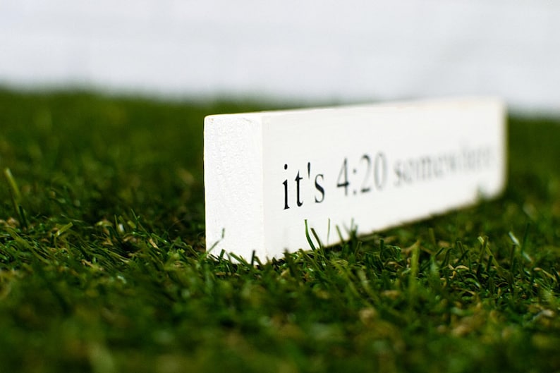 May include: A white wooden sign with the text "it's 4:20 somewhere" in black lettering, resting on a bed of green grass.