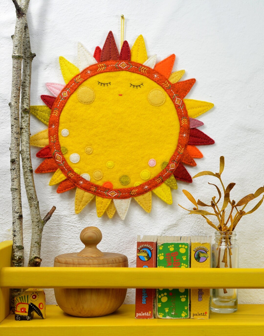 Sun Felt Wall Decor Wall Hanging Mural Yellow Embroidery Etsy