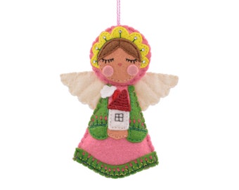 Felt angel with house, angel, handmade felt hanger, Christmas tree, Christmas decoration, window decoration, embroidery, pink, green, 10 cm