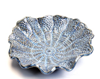 Blue Stoneware Scalloped Accent Bowl Catch-All Trinket Dish
