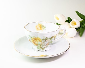 Vintage Bone China Teacup & Saucer: Yellow Rose Floral, Gold Trim (1940s-50s)