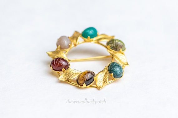 Multi Gemstone Scarab Wreath Brooch 12 K Gold Fil… - image 2