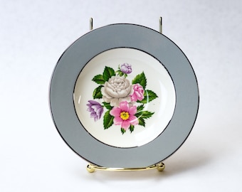 Pink White Peony Wild Roses Silver Rim Mid Century Plate Trinket Dish