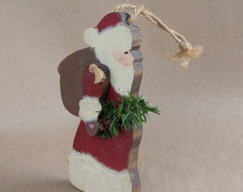 Handmade Folk Art Wooden Santa Ornament with Movable Arm