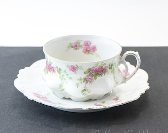 Vintage MZ Austria Tea Cup Saucer | Pink Roses Floral Garland, Ornate Handle (Display Craft)