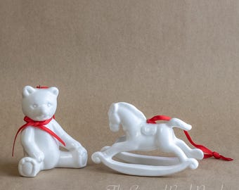 White Ceramic Bear and Rocking Horse Ornament Set