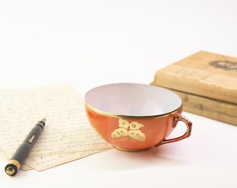 Vintage Japanese Eggshell Porcelain Tea Cup | Red Orange Gold Butterflies