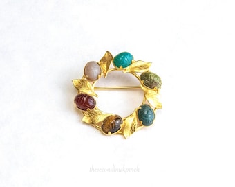 Vintage Karen Lynne Multi Gemstone Scarab Wreath Brooch 12 K Gold Filled Circle Brooch